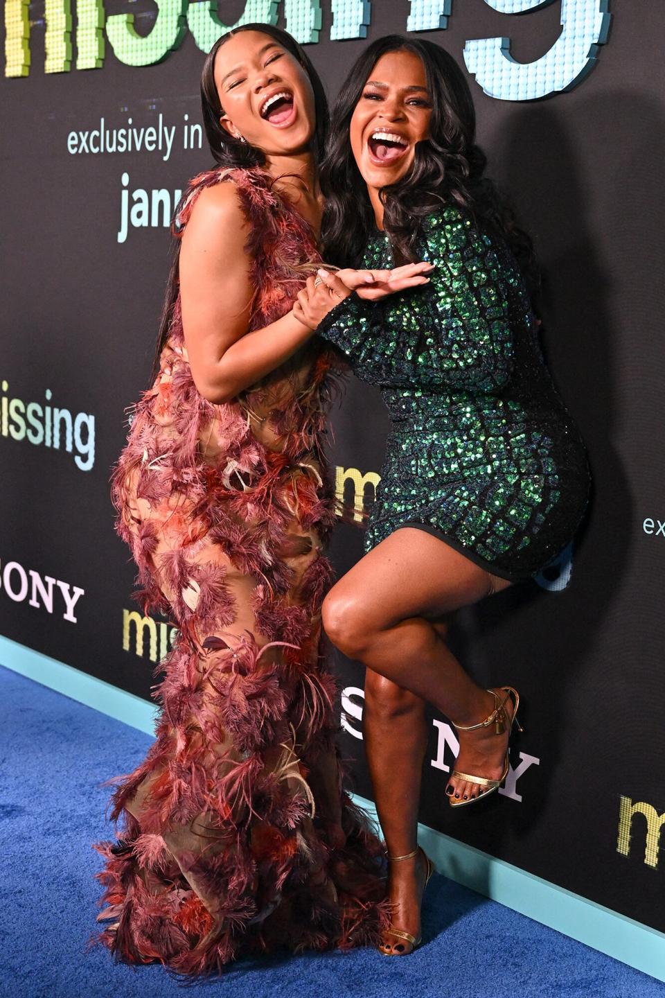 US actresses Storm Reid (L) and Nia Long (R) attend the Los Angeles premiere of "Missing" at the Alamo Drafthouse in Los Angeles, January 12, 2023