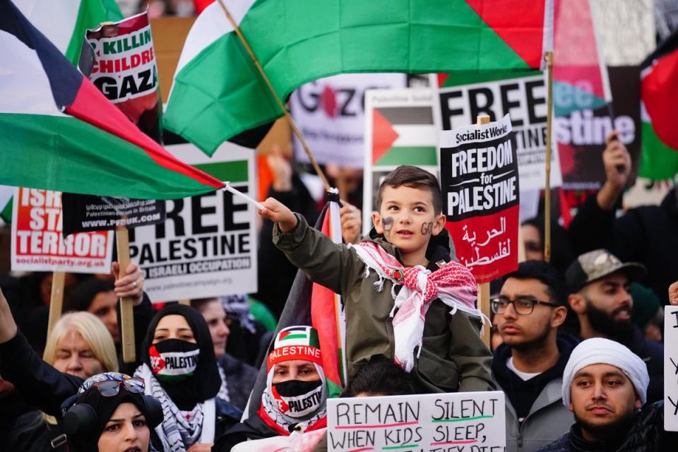 People at a rally in Trafalgar Square, London, during Stop the War coalition's call for a Palestine ceasefire. (PA)