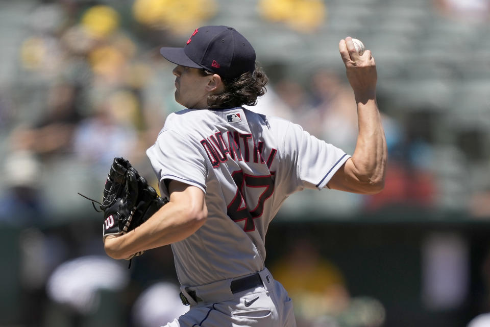 Cleveland Indians starting pitcher Cal Quantrill delivers against the Oakland Athletics during the second inning of a baseball game Saturday, July 17, 2021, in Oakland, Calif. (AP Photo/Tony Avelar)