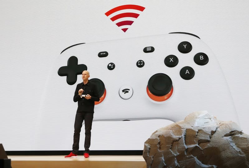 Google vice president and general manager Phil Harrison speaks during a Google keynote address announcing a new video gaming streaming service named Stadia at the Gaming Developers Conference in San Francisco