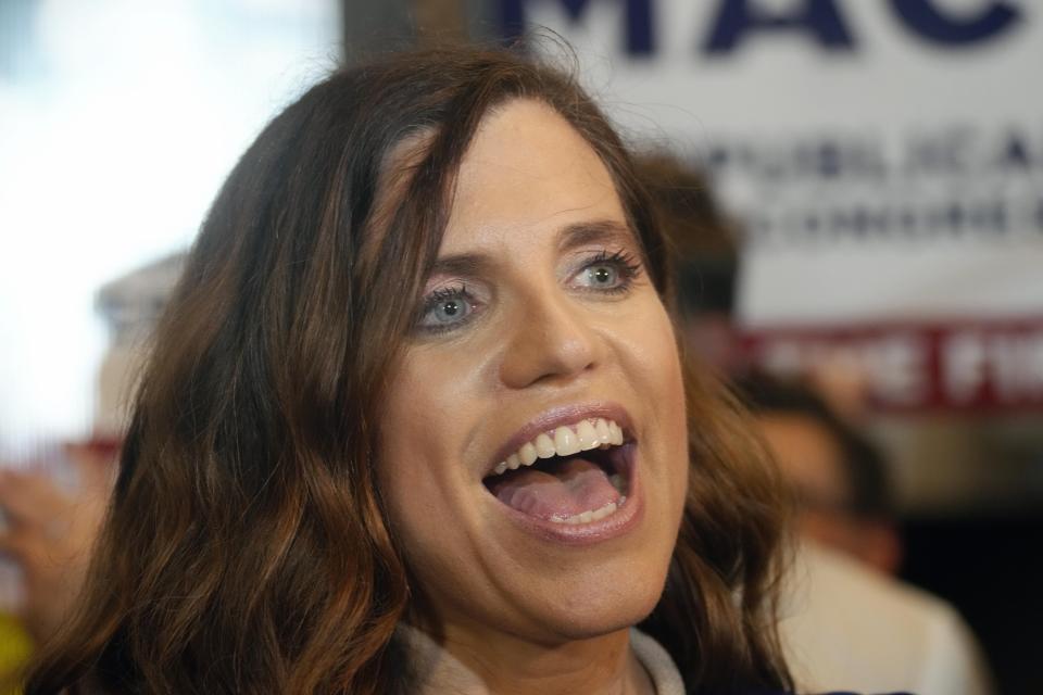 U.S. Rep. Nancy Mace of South Carolina speaks to reporters at her election night event after defeating former state Rep. Katie Arrington in the 1st District primary on Tuesday, June 14, 2022, in Mount Pleasant, S.C. Arrington had the backing of former President Donald Trump, who backed Mace during her 2020 run but soured on her following her criticism of him following the Capitol violence in 2021. (AP Photo/Meg Kinnard)