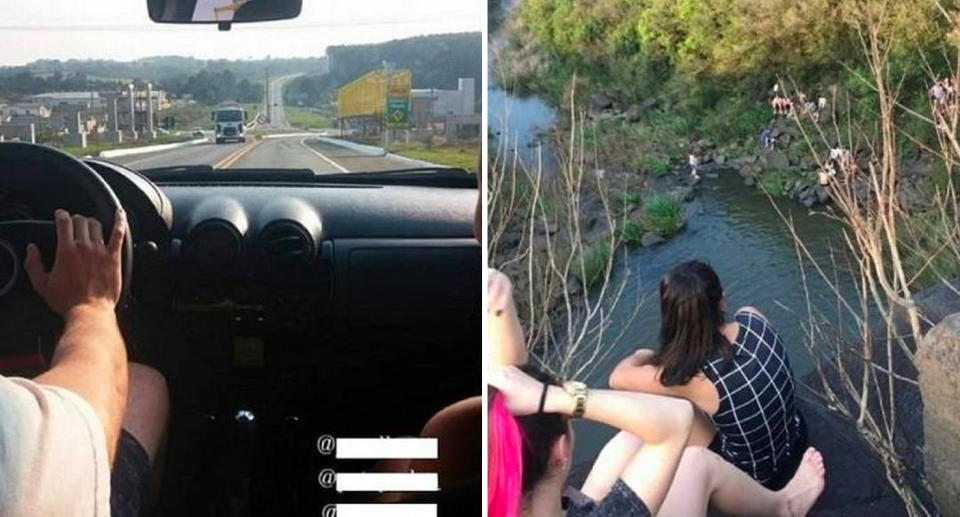 Two teens have fallen to their deaths at a popular tourist spot in Brazil. The pair documented their trip, with the photo on the left showing their drive to the waterfall and on the right is them on a cliff's edge just moments before their death.