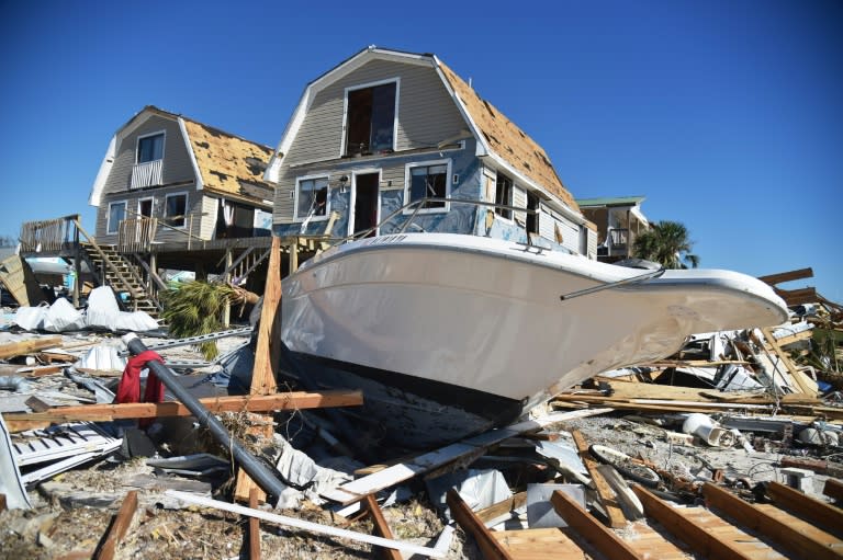 View of the damaged caused by Hurricane Michael in Mexico Beach, Florida, on October 13, 2018, in Mexico Beach, Florida, three days after Hurricane Michael hit the area