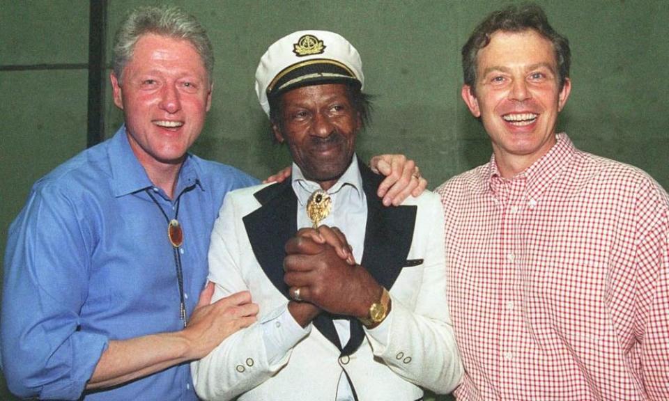 Chuck Berry poses with President Bill Clinton and Prime Minister Tony Blair in June 1997.