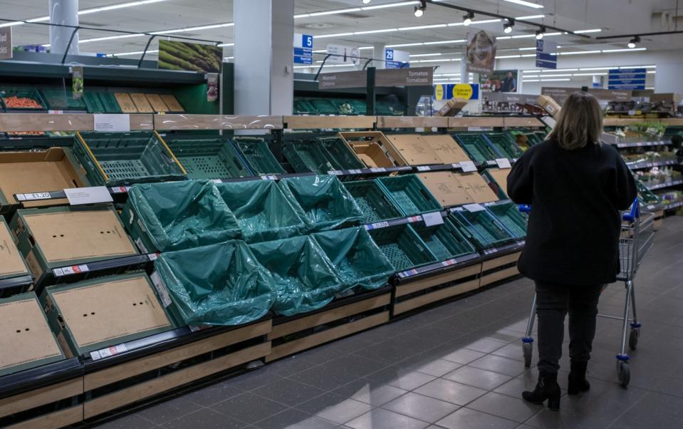 Empty shelves at a Tesco supermarket in Cardiff, Wales, last month - Matthew Horwood/Getty Images