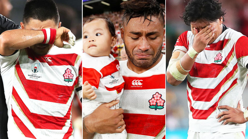 Japanese players, pictured here in tears after their loss at the Rugby World Cup.