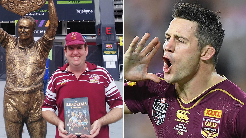 Pictured right is Maroons great Cooper Cronk and author Liam Hauser with his new book on the left.