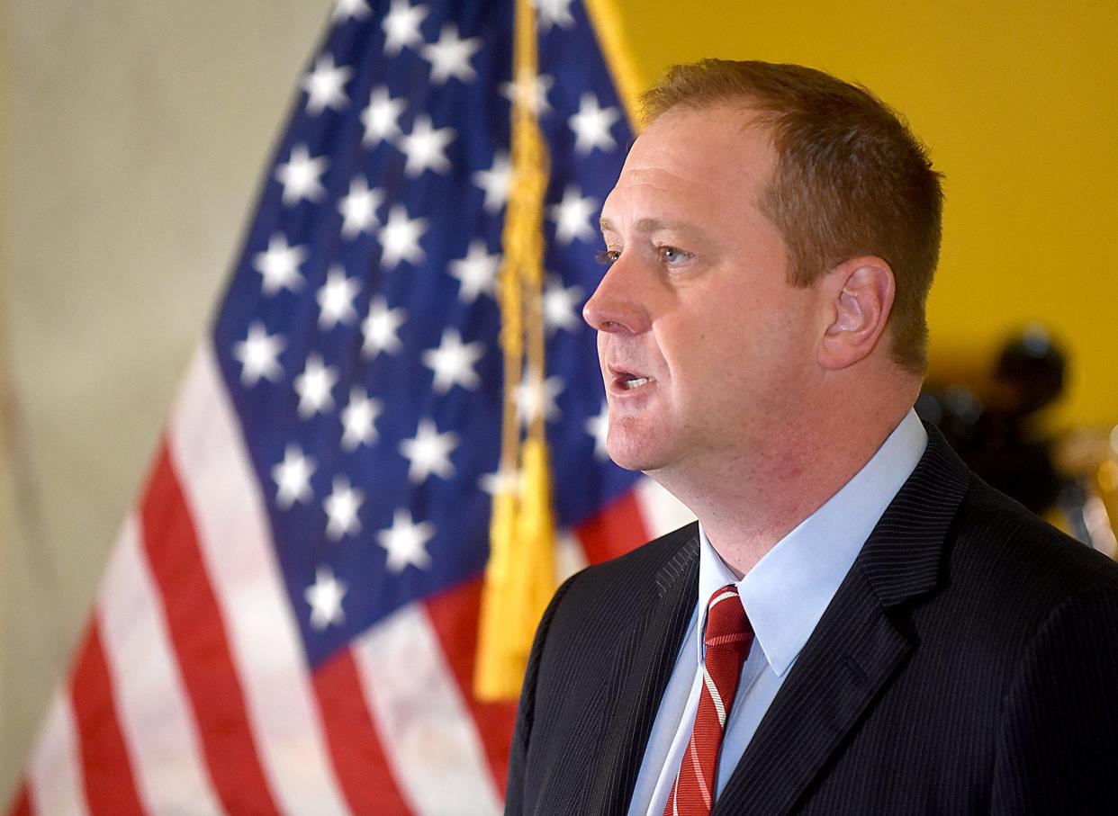 Missouri Attorney General Eric Schmitt talks to reporters during a news conference March 10, 2021, in Jefferson City.