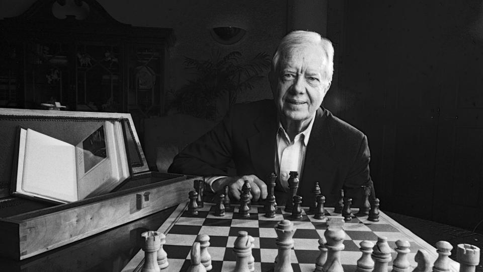 jimmy carter with hand tooled chess set