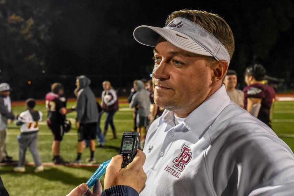 High School football game between Cresskill at Park Ridge on Friday October 25, 2019. Park Ridge head coach Tom Curry IV talks to reporters after the game. 