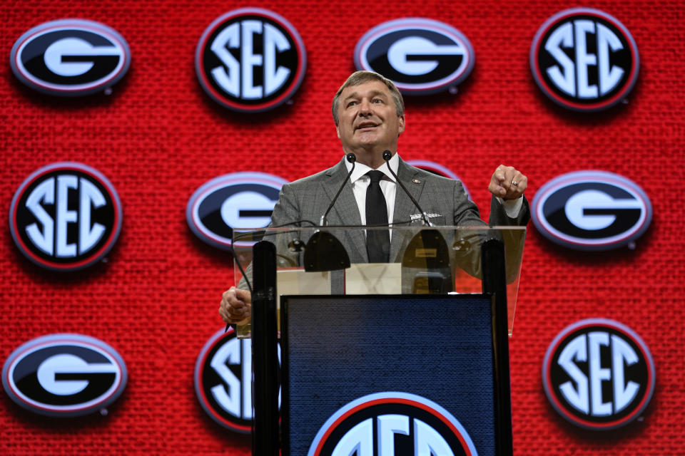 Georgia head coach Kirby Smart speaks during NCAA college football Southeastern Conference Media Days, Tuesday, July 18, 2023, in Nashville, Tenn. (AP Photo/George Walker IV)