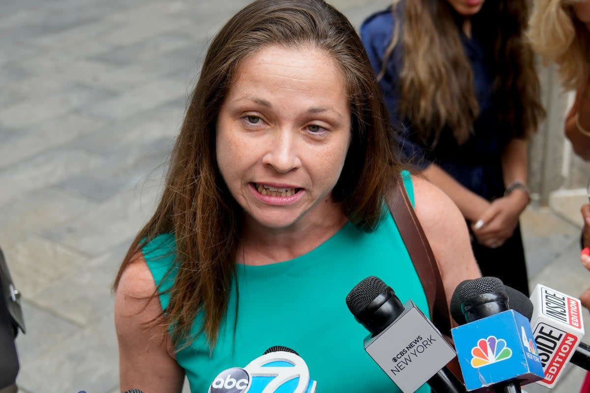 Sexual assault survivor Liz Hall speaks to members of the media after Hadden’s sentencing (AP)