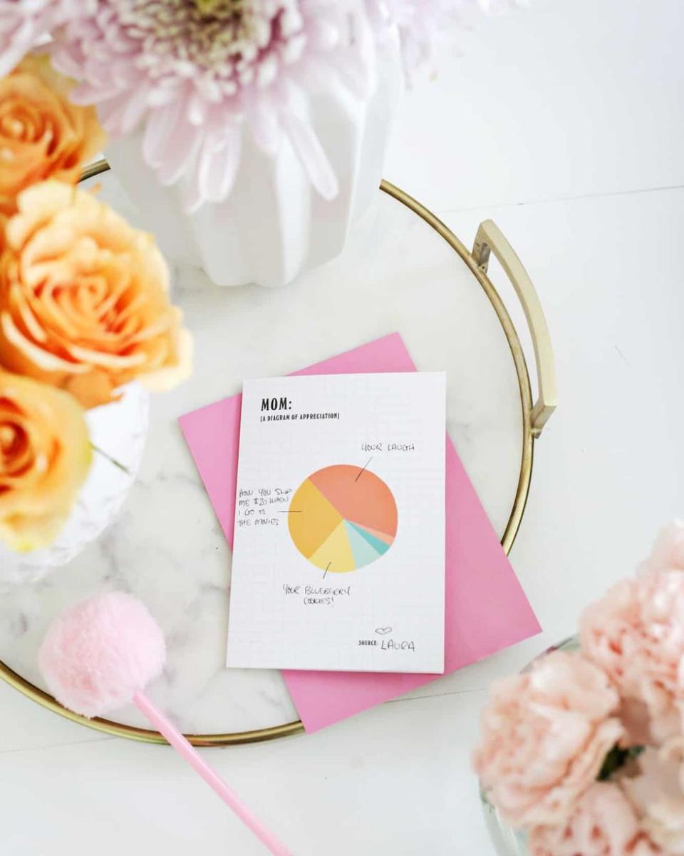 <p>Show your mom that her hard work doesn't got unnoticed with this clever card. Match one of her many amazing qualities to the appropriate pie chart section and explain your reasoning inside.</p><p><em><a href="https://abeautifulmess.com/mothers-day-card-printables-theyre-free/" rel="nofollow noopener" target="_blank" data-ylk="slk:Get the tutorial at A Beautiful Mess »;elm:context_link;itc:0;sec:content-canvas" class="link ">Get the tutorial at A Beautiful Mess »</a></em></p>