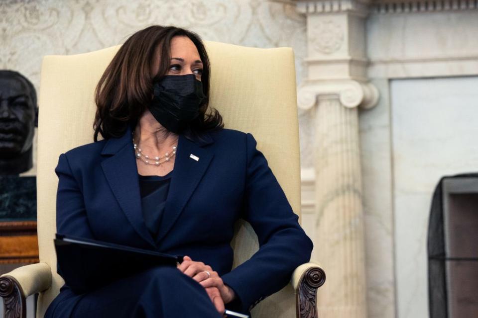 Vice President Kamala Harris looks on during a meeting with U.S. President Joe Biden and Treasury Secretary Janet Yellen in the Oval Office of the White House on January 29, 2021 in Washington, DC. (Photo by Anna Moneymaker-Pool/Getty Images)