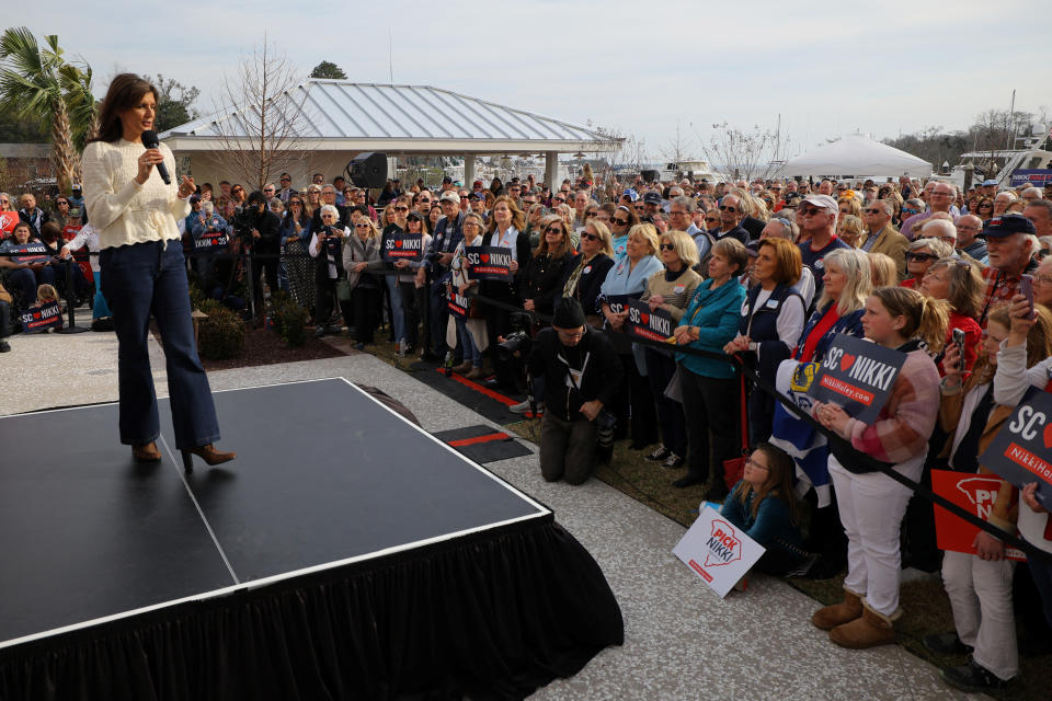 Republican presidential candidate and former U.S. Ambassador to the United Nations Nikki Haley speaks during a campaign stop in Georgetown, South Carolina, U.S., February 22, 2024.   REUTERS/Brian Snyder