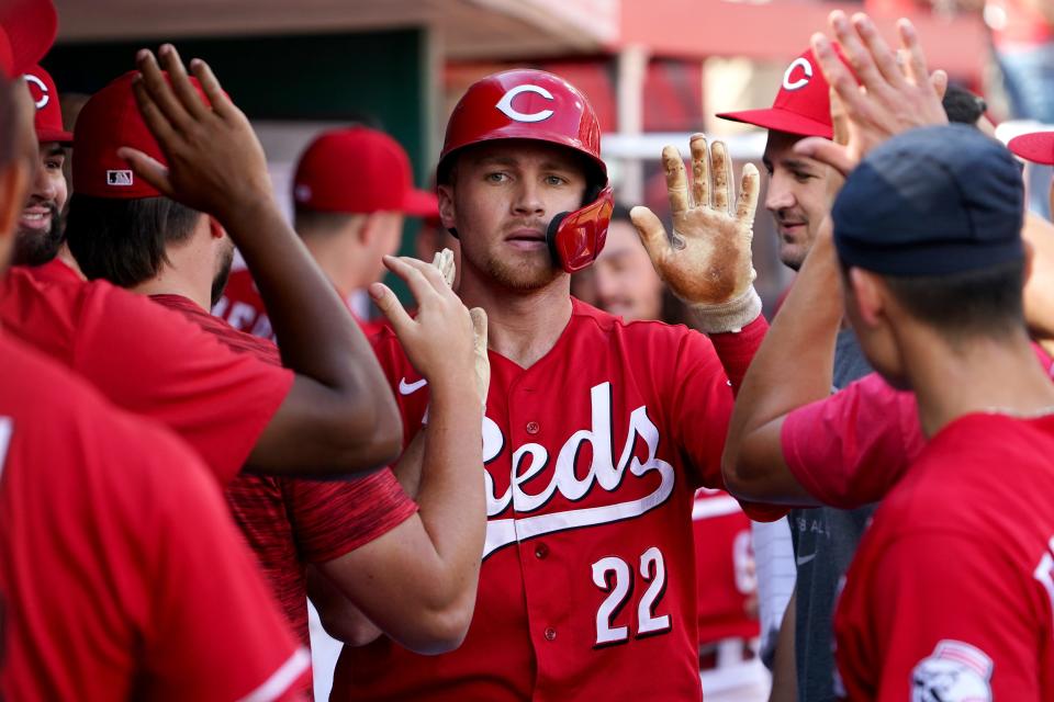 Cincinnati Reds third baseman Brandon Drury, shown after hitting a solo, go-ahead home run July 31, was traded to the San Diego Padres.