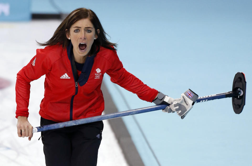 Britain's skip Eve Muirhead shouts to her sweepers after delivering the rock during the women's curling semifinal game against Canada at the 2014 Winter Olympics, Wednesday, Feb. 19, 2014, in Sochi, Russia. (AP Photo/Robert F. Bukaty)