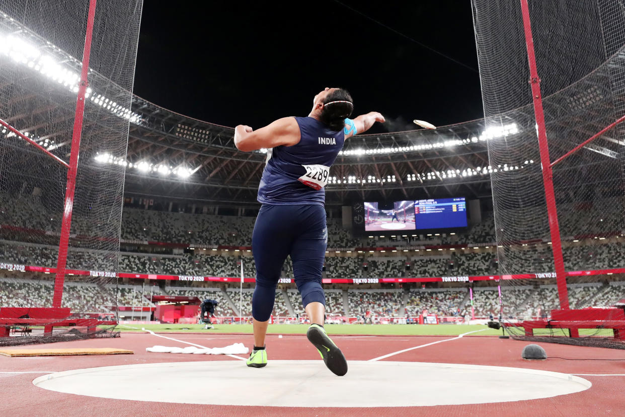 TOKYO, JAPAN - AUGUST 02: Kamalpreet Kaur of Team India competes in the Women's Discus Final on day ten of the Tokyo 2020 Olympic Games at Olympic Stadium on August 02, 2021 in Tokyo, Japan. (Photo by Christian Petersen/Getty Images)