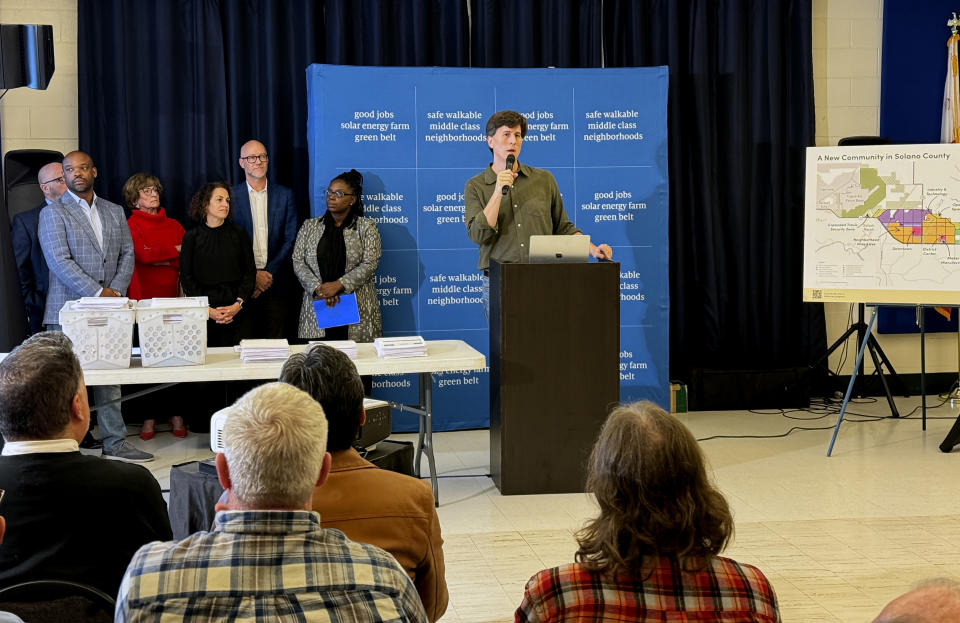 Jan Sramek, Founder & CEO, for California Forever speaks at news conference discussing plans for a new community in Solano County in Rio Vista, Calif. on Wednesday Jan. 17, 2024. (AP Photo/Terry Chea)