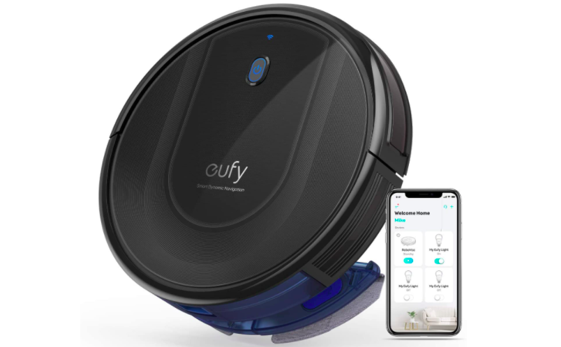 Eufy Robot Vacuum shown with a smartphone nearby to illustrate it's app functionality.