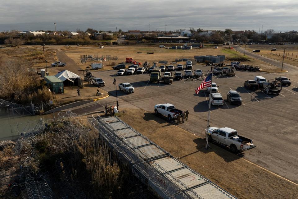 Texas law enforcement's staging ground in Shelby Park for military equipment and National Guard soldiers can be seen from the air.