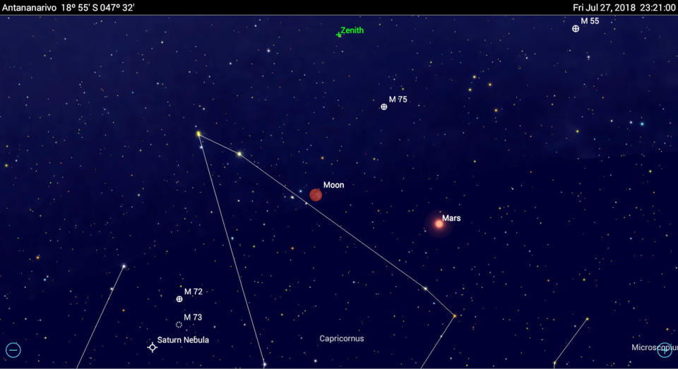 Using Astronomy apps to preview lunar eclipses allow you to discover additional interesting aspects of the events. The total lunar eclipse of July 27, 2018 coincides with the opposition of Mars. The blood moon and the very bright Red Planet will make a wonderful sight and photo opportunity for observers where the eclipse is visible. When fully immersed in the Earth's shadow, the darkened full moon will also allow fainter deep sky objects to appear, such as the nearby Messier objects shown here. For skywatchers in Madagascar, the maximum eclipsed moon will be high in the sky, close to the Zenith (green cross). <cite><a href="http://www.skysafariastronomy.com/" rel="nofollow noopener" target="_blank" data-ylk="slk:SkySafari App;elm:context_link;itc:0;sec:content-canvas" class="link ">SkySafari App</a> </cite>