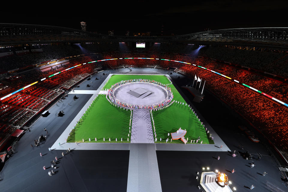 TOKYO, JAPAN - AUGUST 08: A view as the flag bearers of the competing nations enter the stadium during the Closing Ceremony of the Tokyo 2020 Olympic Games at Olympic Stadium on August 08, 2021 in Tokyo, Japan. (Photo by Rob Carr/Getty Images)