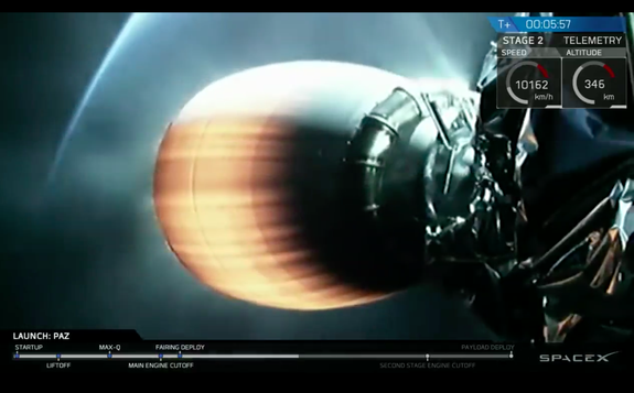 A screenshot of the Falcon 9 rocket second stage heading towards low-Earth orbit. The curvature of the Earth can be seen in the background.