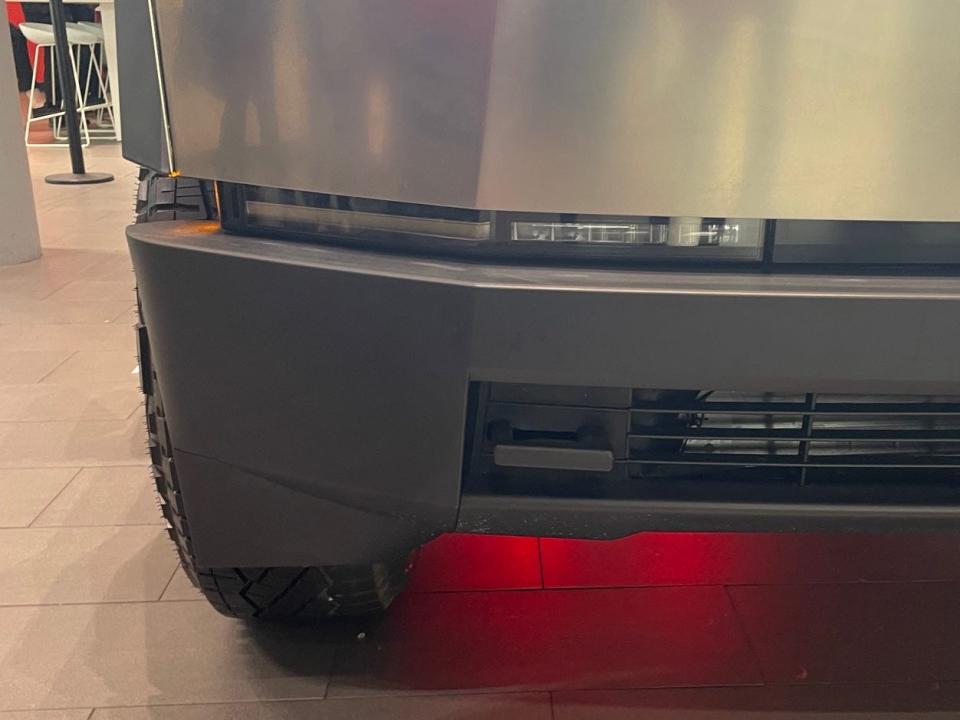 The front bumper of a Tesla Cybertruck