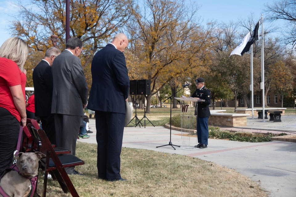 Ubaldo Campa, a U.S. Army Reservist and student at WT gives the invocation at a community veterans ceremony Friday at West Texas A&M University in Canyon.