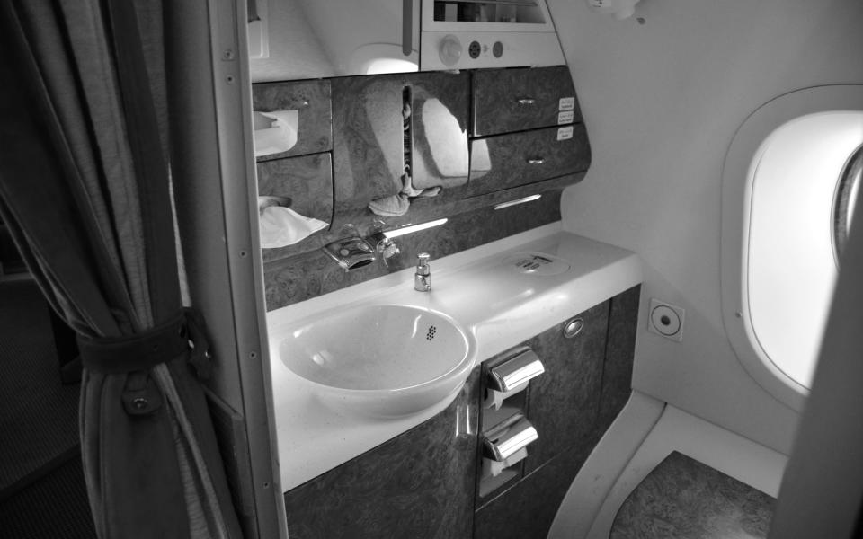 <p>I really like the bathrooms on the Emirates A380: attractive and spacious, kept spotlessly clean throughout the flight, and filled with light from the window above the loo. Washcloths to dry your hands rather than paper towels are a nice touch.</p>