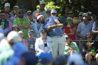 Scottie Scheffler hits his tee shot on the seventh hole during second round at the Masters golf tournament at Augusta National Golf Club Friday, April 12, 2024, in Augusta, Ga. (AP Photo/Matt Slocum)