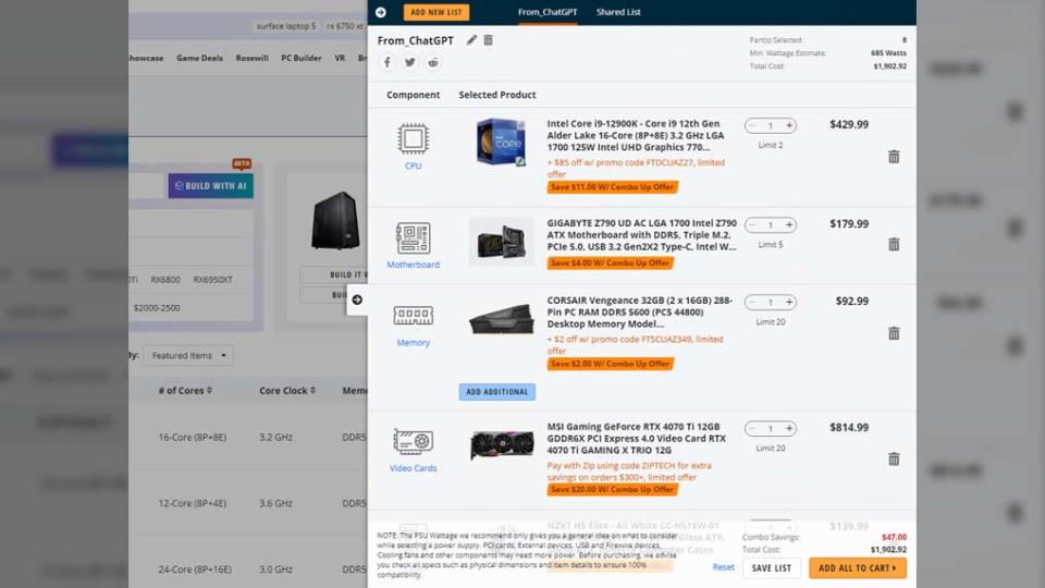 Newegg ChatGPT plugin shows suggested components after a prompt.
