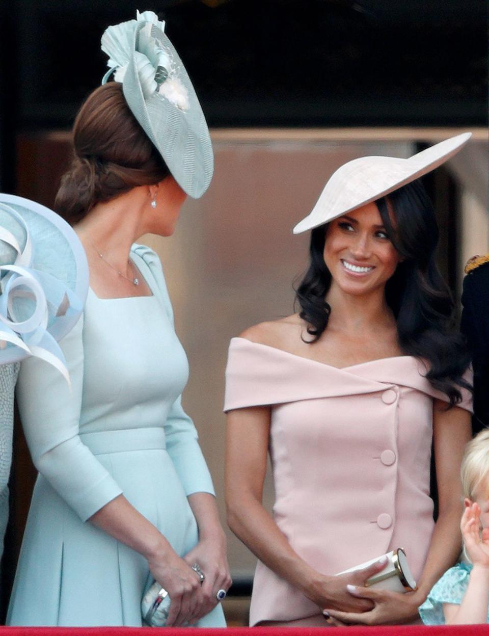 <p>For her first ever appearance at the <a rel="nofollow noopener" href="https://www.harpersbazaar.com/uk/culture/g21245185/the-royal-family-attends-trooping-the-colour-parade/" target="_blank" data-ylk="slk:Trooping The Colour parade;elm:context_link;itc:0;sec:content-canvas" class="link ">Trooping The Colour parade</a>, the Duchess of Sussex shared a sweet moment with her new sister-in-law.</p>