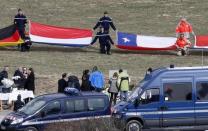 Flags representing some of the nationalities of the victims are seen as family members and relatives gather at the momorial, near the crash site of a Germanwings Airbus A320, in Le Vernet, in French Alps, March 29, 2015. REUTERS/Jean-Paul Pelissier