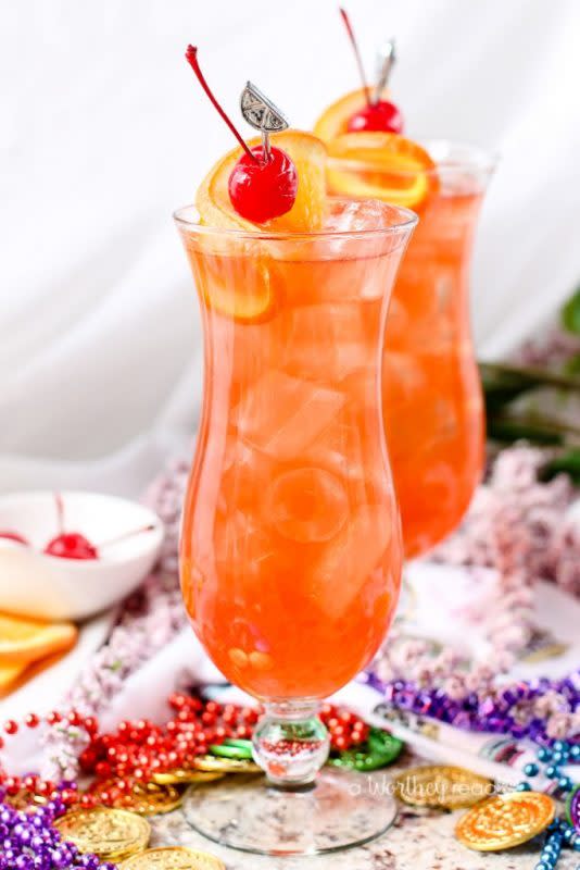 <p>A Worthey Life</p><p>Celebrate Mardi Gras with our take on the classic hurricane cocktail. Mixed with spiced rum, coconut rum, mango passion fruit juice, and bourbon-spiked Maraschino cherry syrup, and a few other ingredients, this is a celebratory cocktail worth making over and over again. Turn up! Cheers!</p><p><strong>Get the recipe: </strong><strong><a href="https://www.awortheyread.com/the-hurricane-cocktail/" rel="nofollow noopener" target="_blank" data-ylk="slk:Classic Hurricane Cocktail;elm:context_link;itc:0;sec:content-canvas" class="link rapid-noclick-resp">Classic Hurricane Cocktail</a></strong></p>