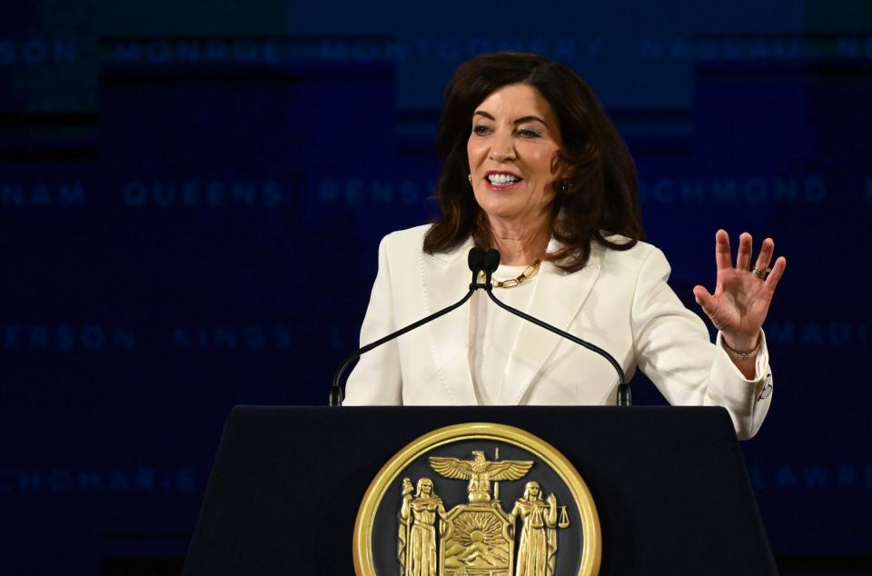 New York Gov. Kathy Hochul, delivers her address during her inauguration ceremony, Sunday, Jan. 1, 2023, in Albany, N.Y. (AP Photo/Hans Pennink)