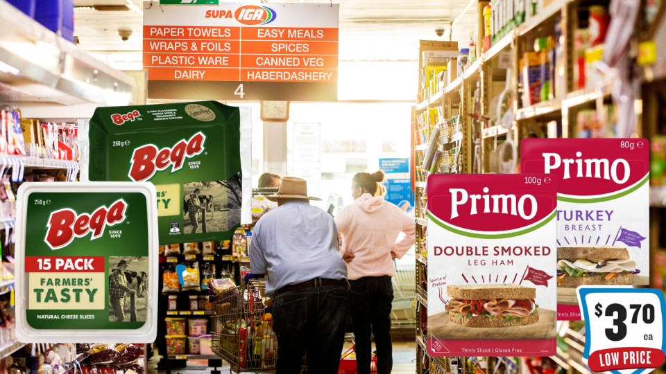 A composite image of inside an IGA supermarket with products like Bega and Primo that have had prices locked.