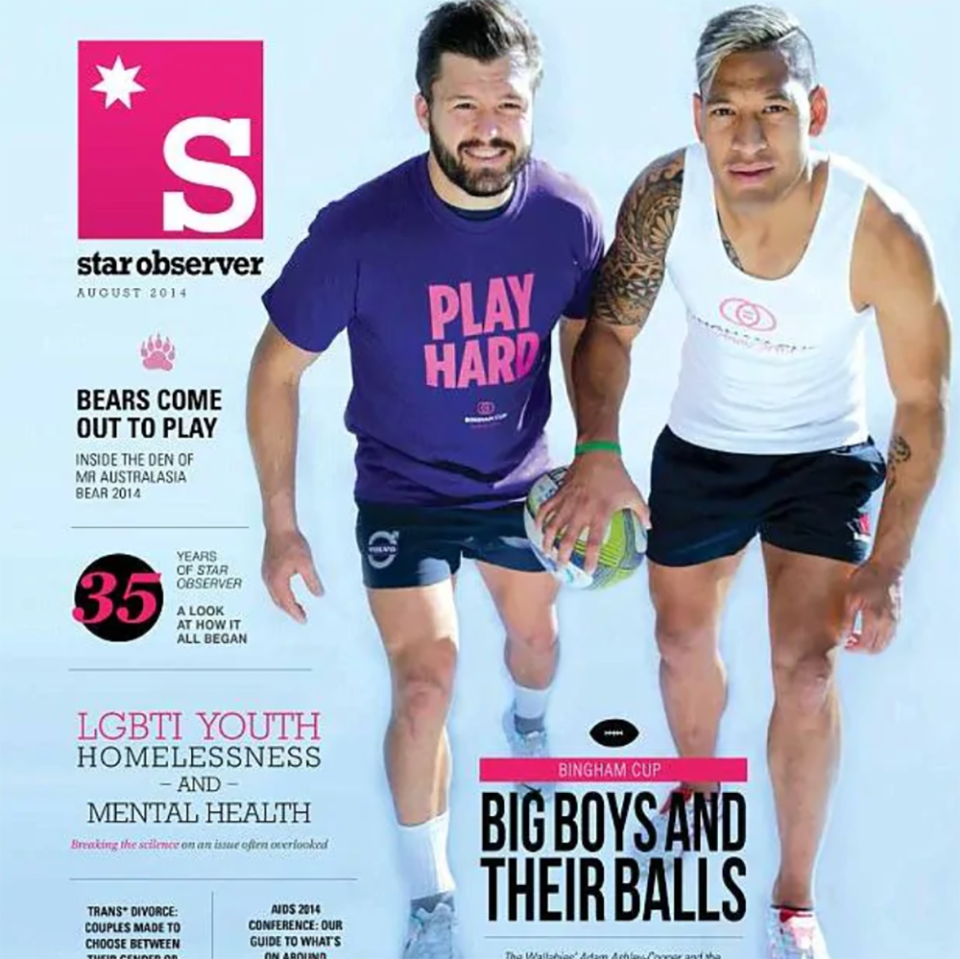 Adam Ashley-Cooper and Israel Folau on the cover of the Star Observer. Image: Star Observer