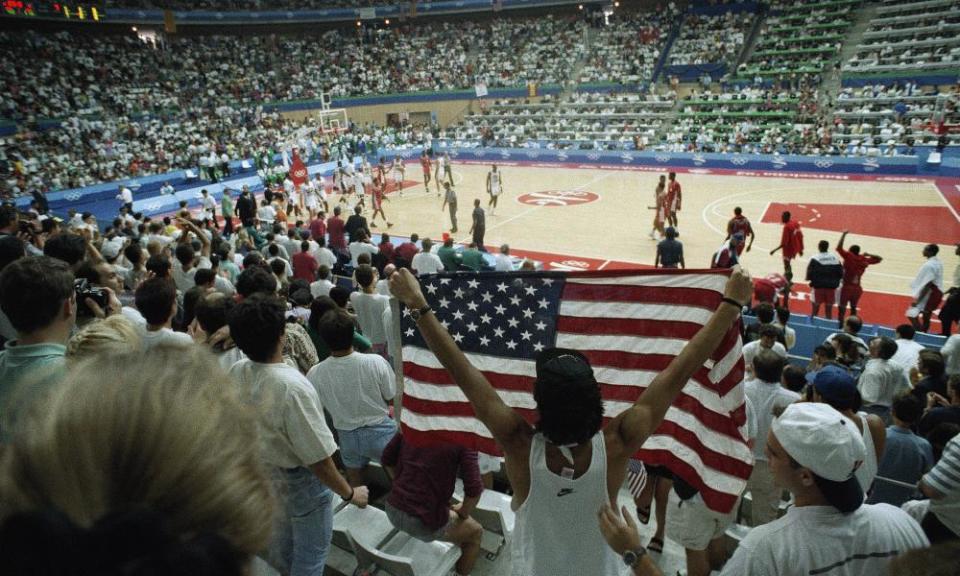 Fans show their support for the US basketball team during the 117-85 victory over Croatia at the 1992 Olympics in Barcelona.