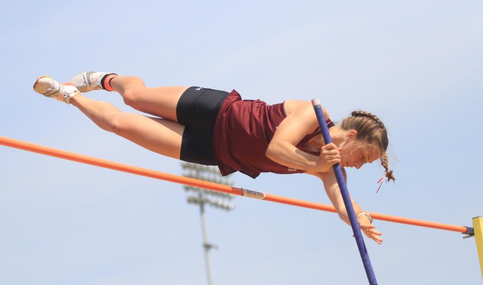 John Glenn's Brayden Snider competes in the Division II girls pole vault during the state championships at Ohio State on Saturday, June 3, 2023. Snider cleared 12-feet-2 to place third in the event.