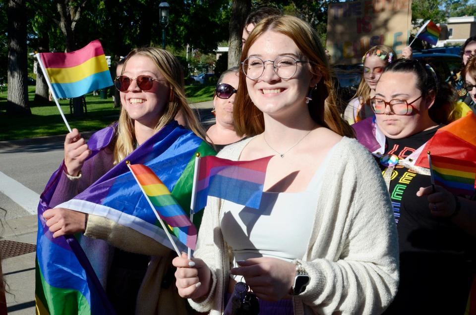 Annabelle Wilder (left) and Kayla Marble take part in the sixth annual Petoskey Pride Walk on Sunday, June 30, 2024.