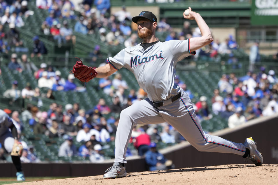 Miami Marlins starting pitcher A.J. Puk delivers during the first inning of a baseball game against the Chicago Cubs Friday, April 19, 2024, in Chicago. (AP Photo/Charles Rex Arbogast)