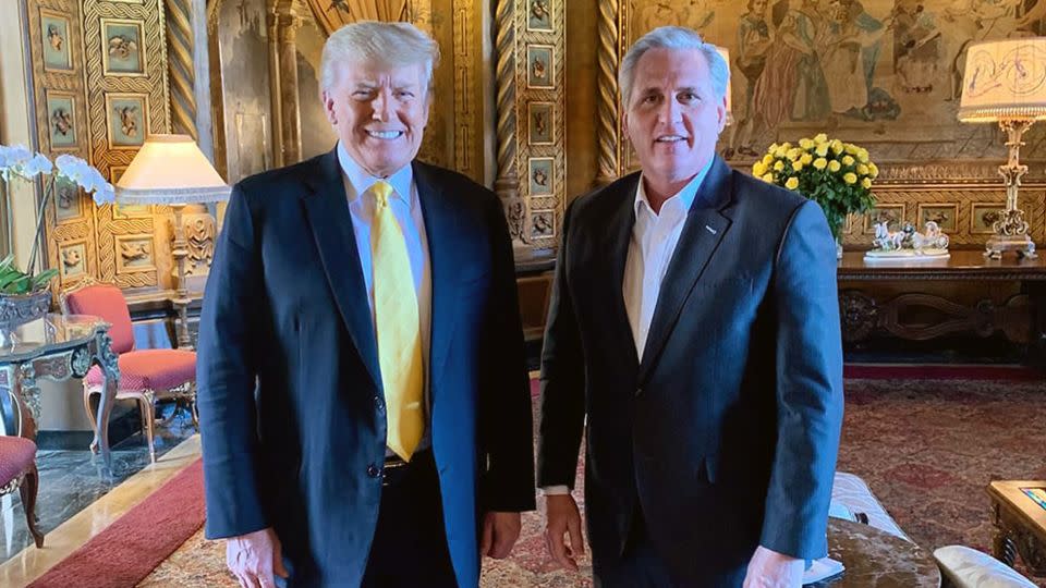 Donald Trump and Kevin McCarthy are pictured on January 28, 2021 at Mar-a-Lago. - Save America PAC