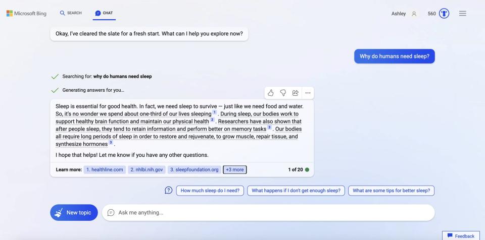 Microsoft's new Bing's answer to "Why do humans need sleep?" in the chat