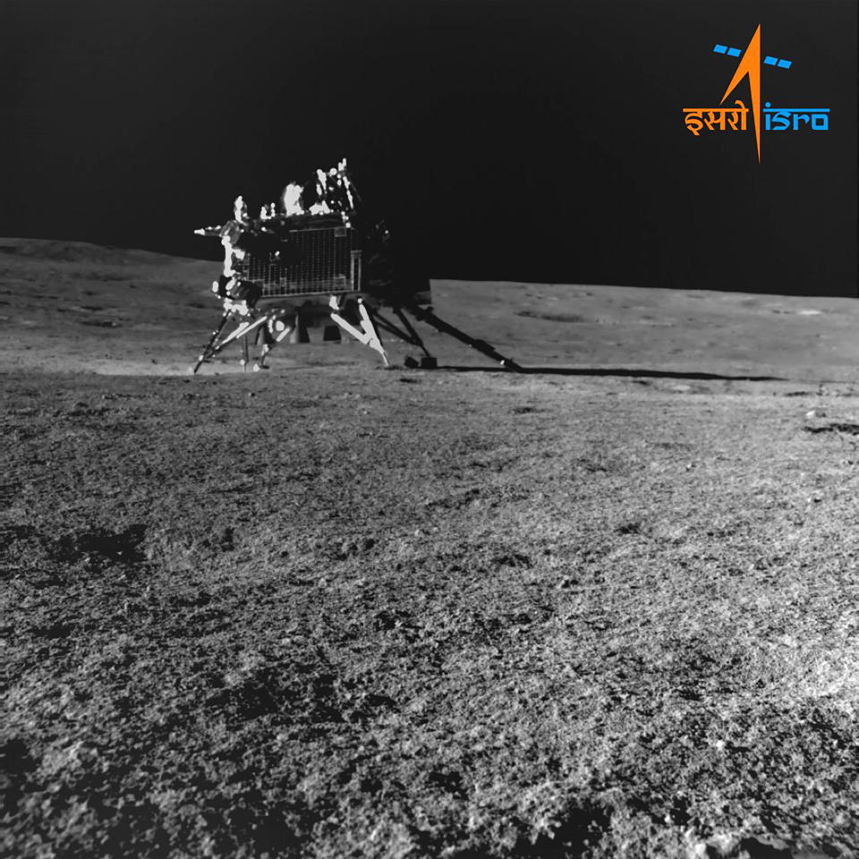 This image provided by the Indian Space Research Organisation (ISRO) shows Vikram lander as seen by the navigation camera on Pragyan Rover on Aug. 30, 2023. India’s moon rover has confirmed the presence of sulfur and detected several other elements on the surface near the lunar south pole a week after the country’s historic moon landing. ISRO says the rover’s laser-induced spectroscope instrument also has detected aluminum, iron, calcium, chromium, titanium, manganese, oxygen and silicon. (Indian Space Research Organisation via AP)