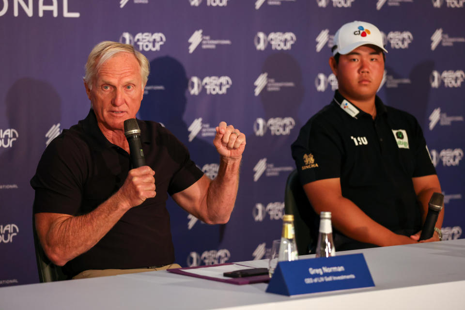 Greg Norman, pictured here at a press conference during the PIF Saudi International.