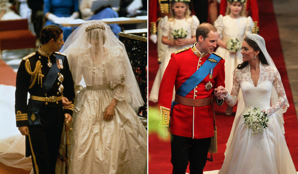 FILE PHOTO) In this photo composite image a comparison has been made between the weddings of Prince Charles, Prince of Wales to Lady Diana Spencer and Prince William to Catherine Middleton.(Left Image)  The wedding of Prince Charles and Lady Diana Spencer at St Paul's Cathedral in London, 29th July 1981. (Photo by Keystone/Hulton Archive/Getty Images)(Right Image)  LONDON, ENGLAND - APRIL 29:   Prince William, Duke of Cambridge and Catherine, Duchess of Cambridge leave Westminster Abbey following their marriage ceremony, on April 29, 2011 in London, England.  The marriage of Prince William, the second in line to the British throne, to Catherine Middleton is being held in London today. The Archbishop of Canterbury conducted the service which was attended by 1900 guests, including foreign Royal family members and heads of state. Thousands of well-wishers from around the world have also flocked to London to witness the spectacle and pageantry of the Royal Wedding and street parties are being held throughout the UK.   (Photo by  David Jones- WPA Pool/Getty Images)