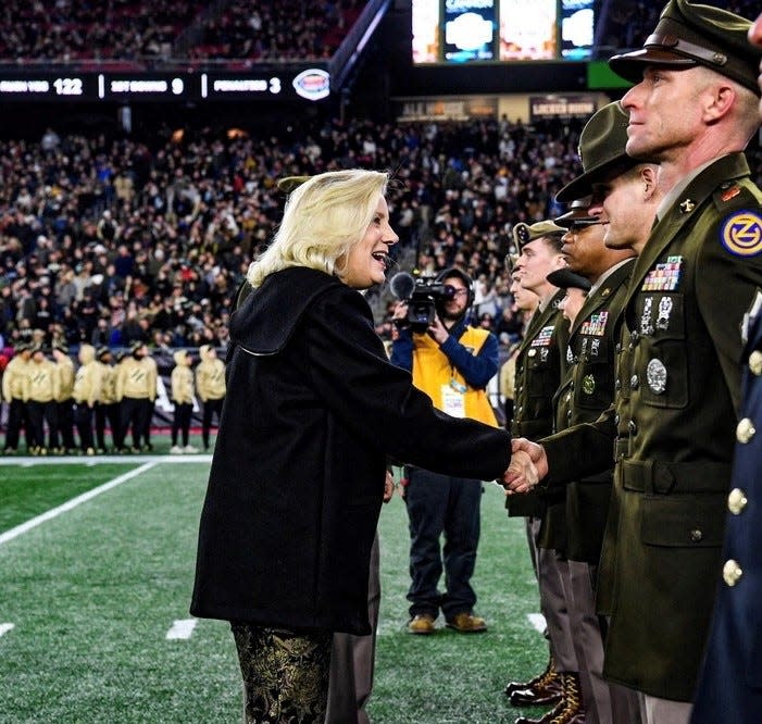Sgt. 1st Class Shane Burroughs, of Spring Lake, is recognized as the 2023 Army Recruiter of The Year by Secretary of the Army Christine Wormuth during the Dec. 9, 2023, Army-Navy football game.