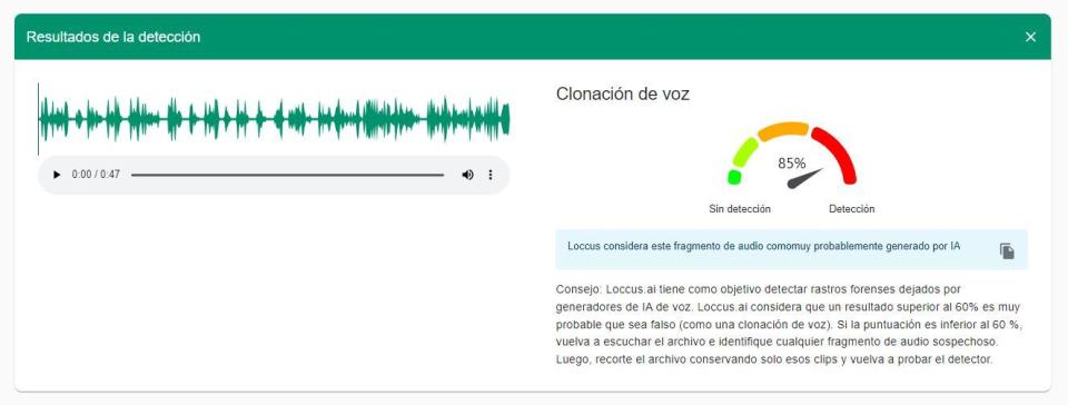 <span>Resultado del análisis del audio con la herramienta de InVid-WeVerify y Loccus.ai </span>